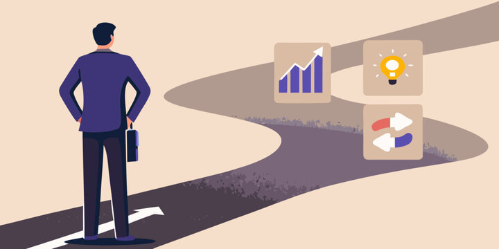 A businessman contemplates a path forward with ideas and growth concepts