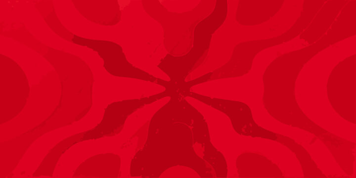 Abstract red design featuring swirling wave like shapes and a central figure