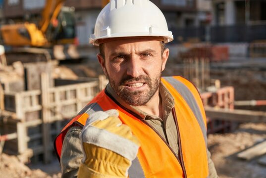 Construction site foreman wearing hardhat and safety vest showing frustration or anger