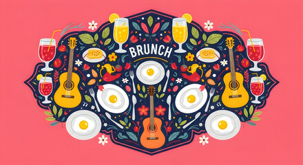 Fototapeta premium Brunch illustration with guitars and breakfast food