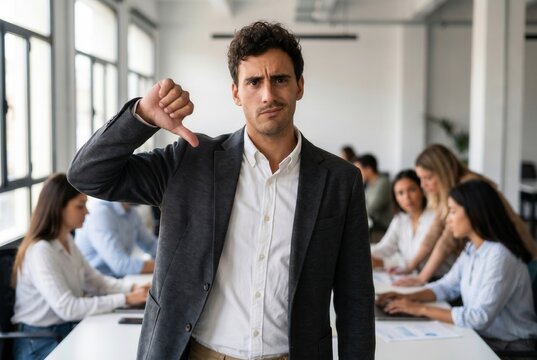 Businessman expressing failure and dislike with a thumbs-down gesture in office