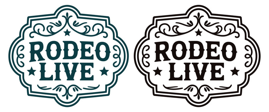 Live rodeo label belt buckle old west cowboy style tag cowboy engravings details cowgirl rustic decor style emblem vector metal stylized design, vintage western badge with detailed ornamental carving 