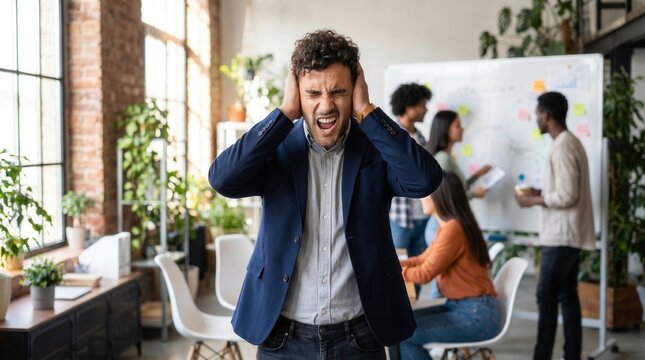 Businessman covering ears, screaming from overwhelming noise and stress in a busy workplace