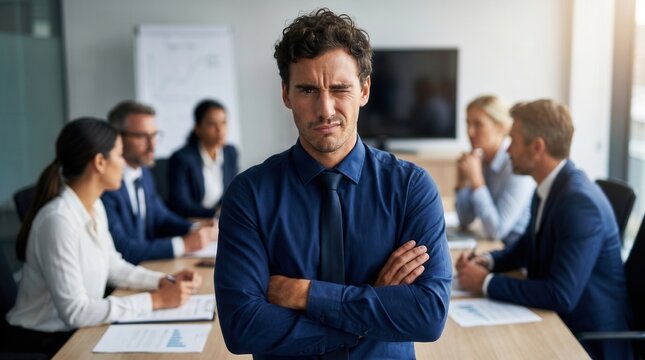 Doubting businessman with arms crossed standing in front of colleagues during a corporate meeting