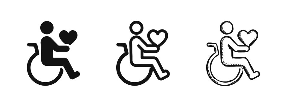 Disabled Person in Wheelchair Holding Heart Icon Set for Accessibility and Patient Care