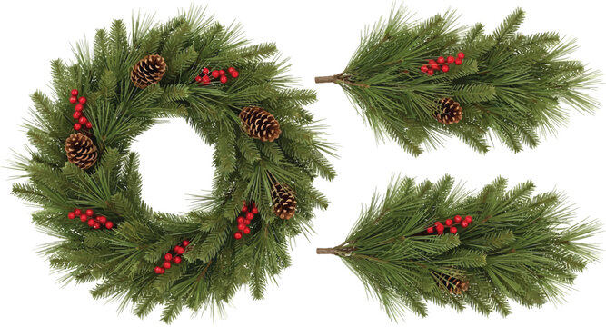 Christmas wreath and pine branches with pinecones and red berries