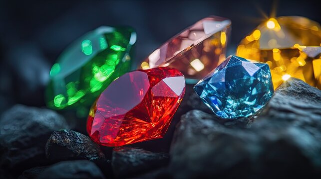 Sparkling Multi-Colored Gemstones Resting on Dark Stones, Showcasing Intricate Cuts and Vivid Hues for Jewelry or Decorative Backgrounds