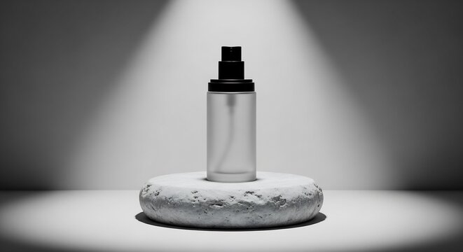 Glass bottle on stone pedestal spotlight.