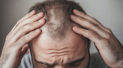 Fototapeta premium Man touching thinning hair and receding hairline, showing male pattern baldness, hair loss problem and stress related alopecia, highlighting healthcare, treatment and confidence issues in aging men.