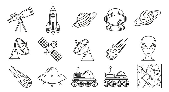 Space exploration and celestial objects doodle icons.