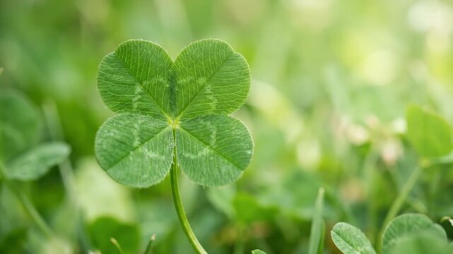 Close-up vibrant green four-leaf clover against a soft-focus green background, luck and nature concept, fresh botanical detail, natural daylight, realistic finish, no logos