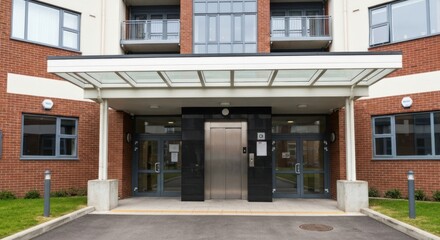 Obraz premium Modern building entrance with glass canopy, elevator, and brick facade