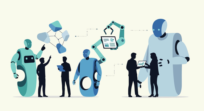 Artificial intelligence and robotics transforming business and technology with futuristic innovations and collaboration