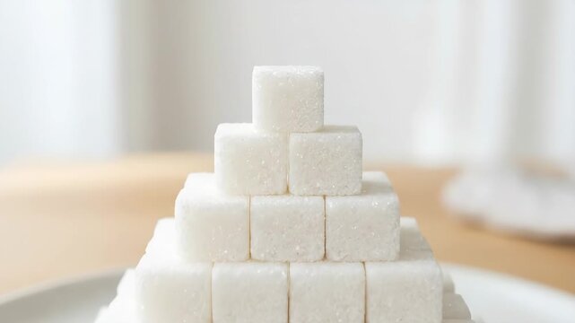 White sugar cubes stacked in pyramid shape, sweet ingredient concept with clean geometric composition, minimal food still life, bright studio lighting, realistic detail, no logos