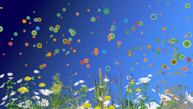 3D animated illustration of flowers, plants, pollen, dandelion seeds, and fluffy balls moving and floating in the air. Triggering spring allergies. Side view with bright colors on a blue background.