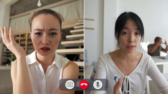 Students and teacher engage in an online call showing different feelings. The screen split shows concern, frustration, and thoughtfulness during a lesson.
