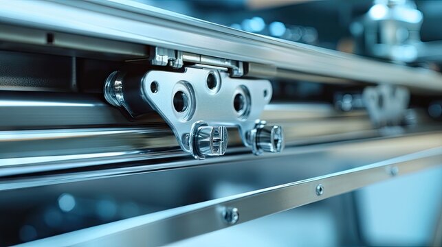 Close-Up of a Precision Engineered Linear Motion System with Smooth Guide Rail, Sleek Brackets, and High-Performance Ball Bearings for Industrial Applications and Automation