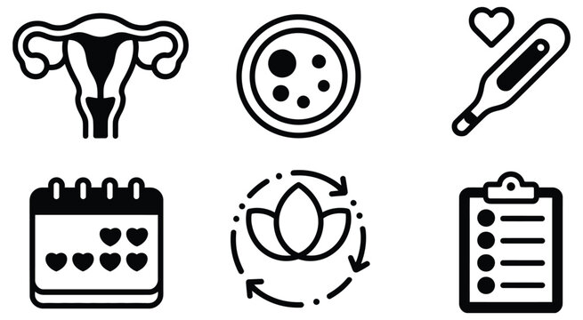 Minimalist black and white vector icons set representing uterus ovum thermometer calendar fertility and checklist in flat design style, clean reproductive health symbols collection for medical apps 