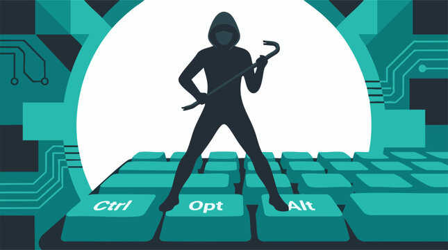 Hacker silhouette with crowbar on computer keyboard, cyber security concept