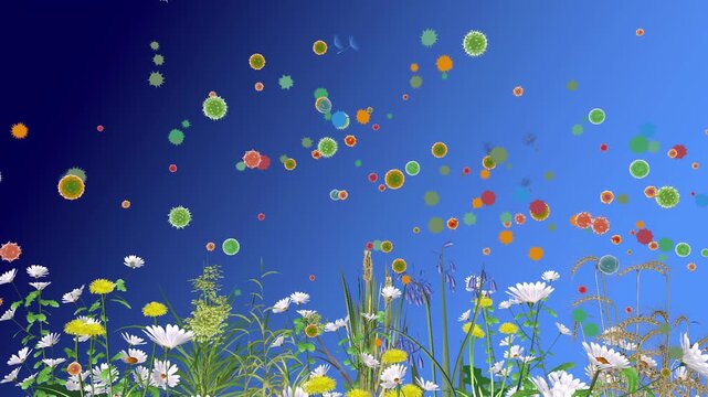 3d animation of flowers, plants, pollen, dandelion seeds, and fluffy balls moving and floating in the air. Triggering spring allergies. Side view with bright colors on a blue background.