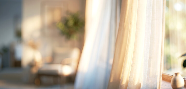 A softly lit interior scene showcasing sheer curtains, creating a warm ambiance with blurred furniture and greenery in the background.