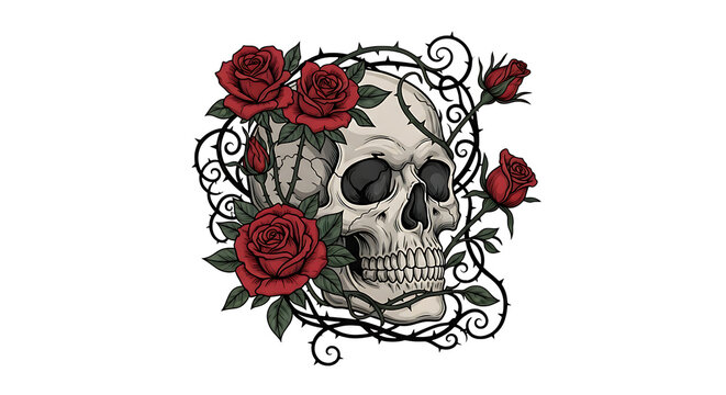 skull with red roses and thorns isolated on transparent background