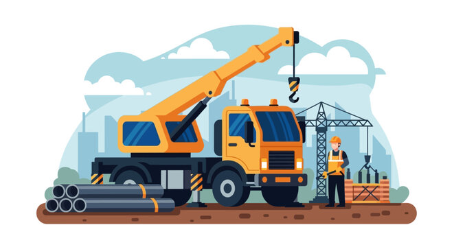 Heavy-duty mobile crane at a construction site with worker and materials.