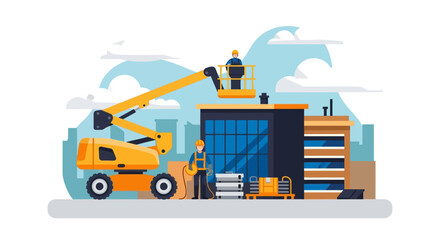 Naklejka premium Man standing on a yellow forklift.
