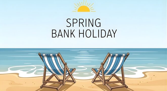 Spring Bank Holiday Modern Text, Beach Holiday Illustration, Minimal Summer Spring Scene, Clean Travel Background, Seasonal Design