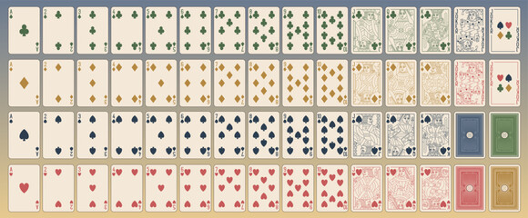 Playing cards for gambling games Blackjack and Poker, full deck. Linear vector editable illustration. Face and back card side set. Modern casino look. Cozy digital-ready design. © Yevhen