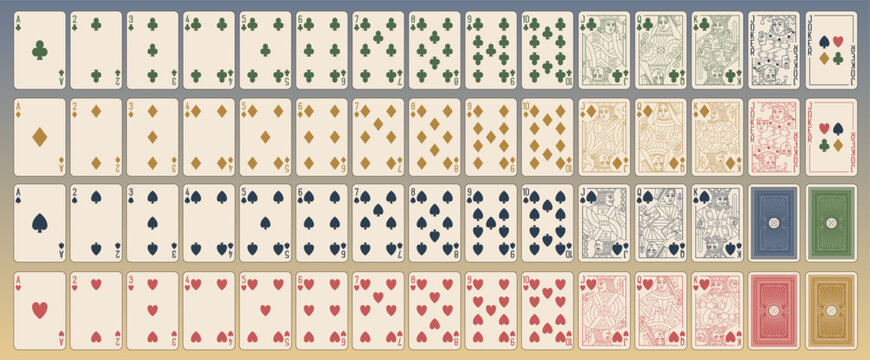 Playing cards for gambling games Blackjack and Poker, full deck. Linear vector editable illustration. Face and back card side set. Modern casino look. Cozy digital-ready design.