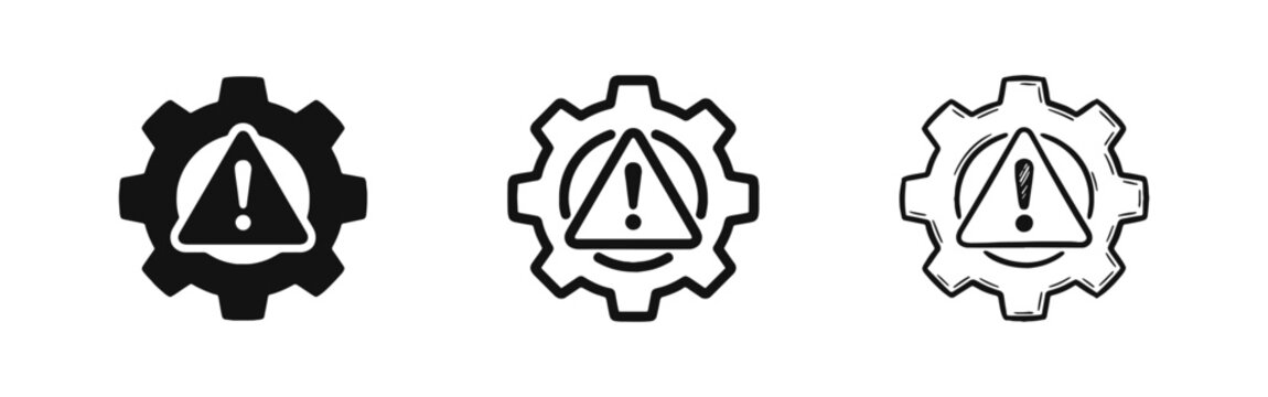 Gear with Warning Sign Icons Set for System Maintenance, Technical Errors and Caution Alerts