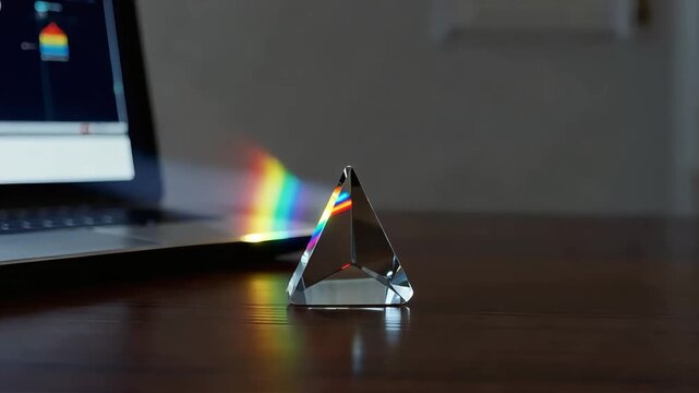 Close-up motion footage of a clear glass triangular prism expertly refracting white light, creating a beautiful vibrant rainbow spectrum actively projected onto a nearby wall, video.