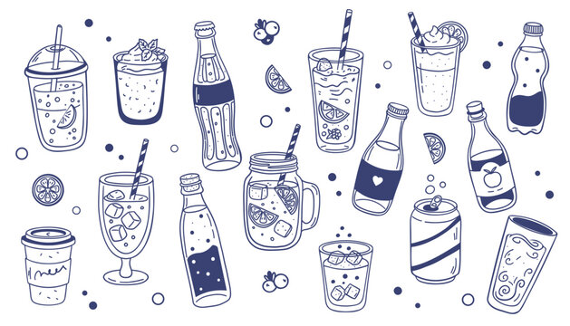 Drinks Doodle Set, Soft Drinks and Lemonade Collection, Hand Drawn Blue Line Art Beverages Illustration