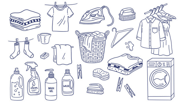 Laundry and Cleaning Doodle Set, Household Washing and Housekeeping Line Art Illustration