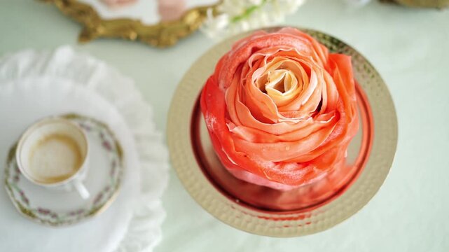 Rose-shaped crepe cake on decorative table with elegant presentation for dessert video and culinary arts, menu, recipe