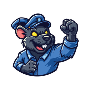 Cheerful Robber Rat Mascot in Blue Shirt Cap
