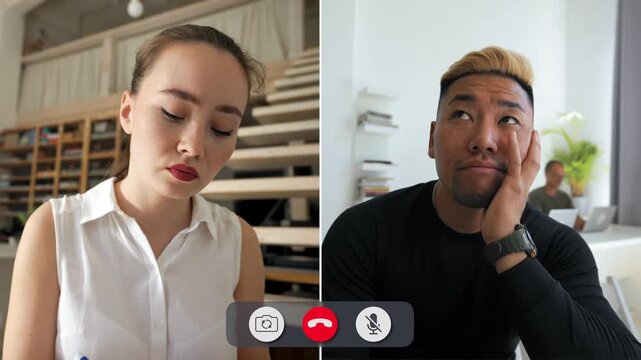 Two students show various emotions while participating in an online class. They express focus, confusion, and boredom while interacting with each other.