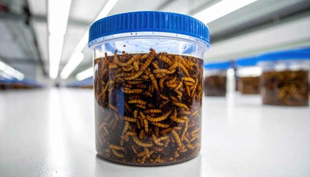 Clear plastic container filled with cultivated mealworms inside a clean agricultural research facility, representing sustainable protein production methods for the future of global food security.