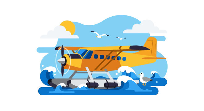 Yellow Seaplane Landing on Water with Propeller and Waves.