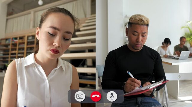 Two students are engaged in a call. They show different feelings while discussing a lesson. One student takes notes while the other speaks and shares ideas clearly.