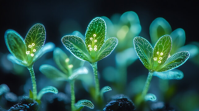 Close-up of newly sprouted bioluminescent seedlings, their tiny forms emitting a soft, otherworldly light, carefully held in a sterile lab environment, captured with cinematic photography, emphasizing