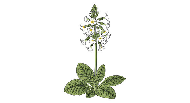Vintage botanical illustration of a cowslip plant with delicate yellow flowers and green leaves on a white background.