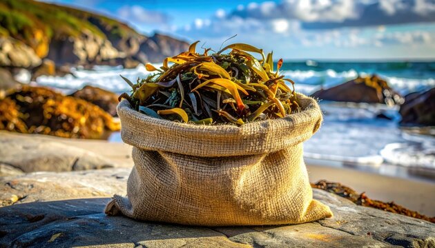 Fresh foraged seaweed and kelp harvested in a rustic burlap sack on a scenic beach.