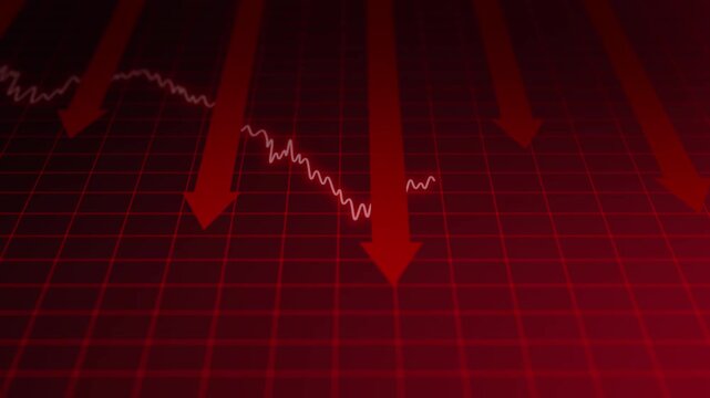 Financial crisis chart, red line arrow graph falling with downward arrow symbolizing stock market crash, economic recession, and global investment collapse