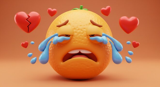 A crying orange fruit with tears and broken hearts around it on a plain background.