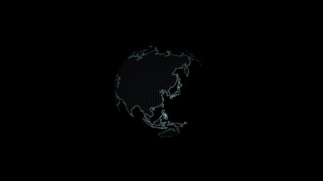 Abstract digital globe animation rotating in space and gradually dissolving into particles from top to bottom. concept of technology, global communication, climate change, crisis, data flow and digita