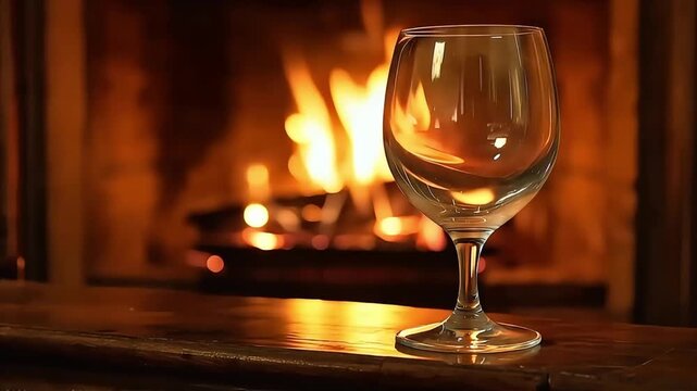 Empty wine glass sits serenely on a wooden surface with a warm flickering fireplace video footage in motion