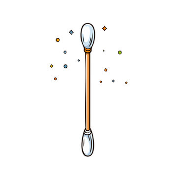 Single wooden cotton swab with white fluffy ends surrounded by sparkling confetti in various colors