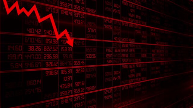 Display of red electronic board showing stock market quotes with downtrend graph indicating financial recession, economic crisis, and declining investment index